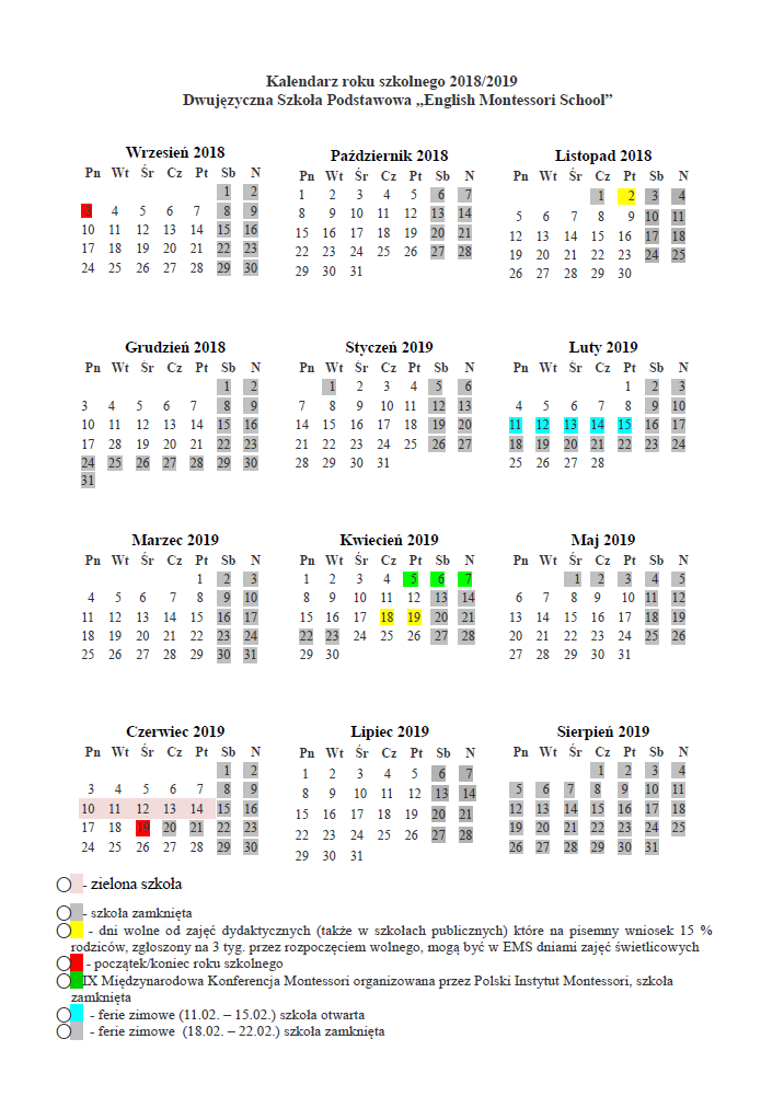 Kalendarz szkolny – englishmontessorischool